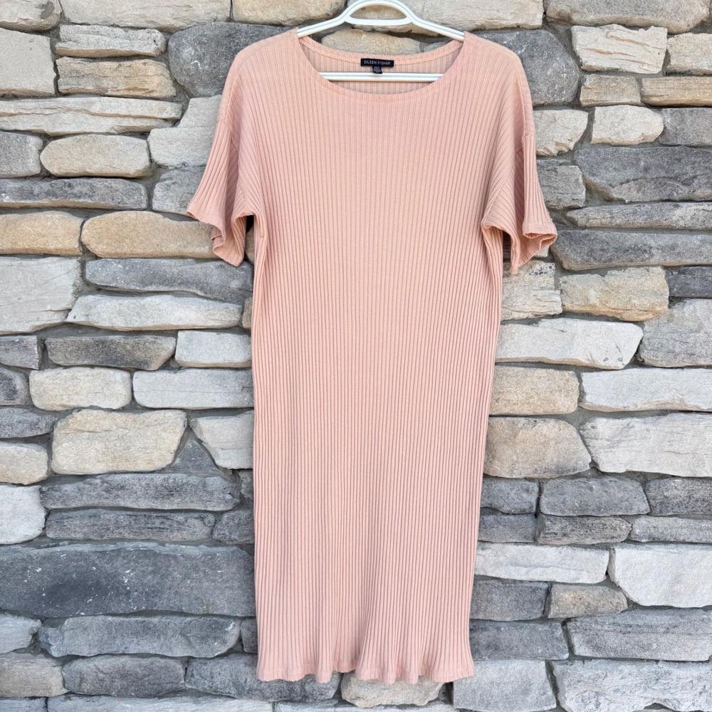 Eileen Fisher Tencel Stretch Rib Bateau Neck Dress Dune Pink SP EUC